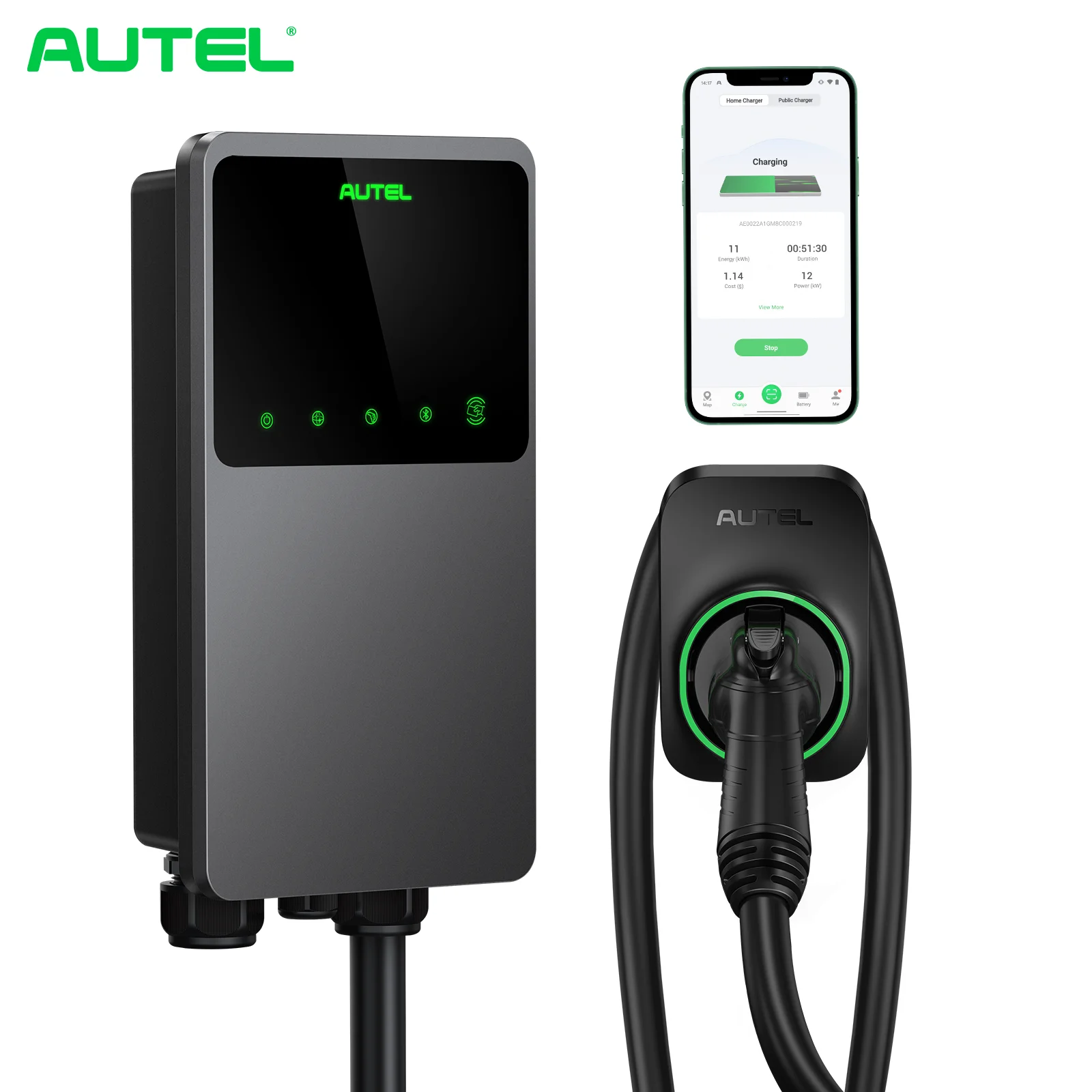 

Autel 50A 37mph RFID WIFI Bluetooth Enable EVSE Smart Home EV Charger Level 2 Type 1 Wallbox Electric Vehicle Charging Station