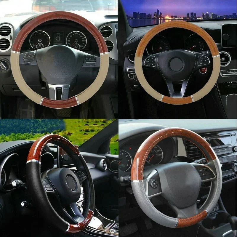 Pokrowiec na kierownicę z drewna do tuningu samochodów SUV Lux Grip PU Leather Uniwersalne części do wnętrz w stylu vintage Akcesoria samochodowe — zdjęcie 2