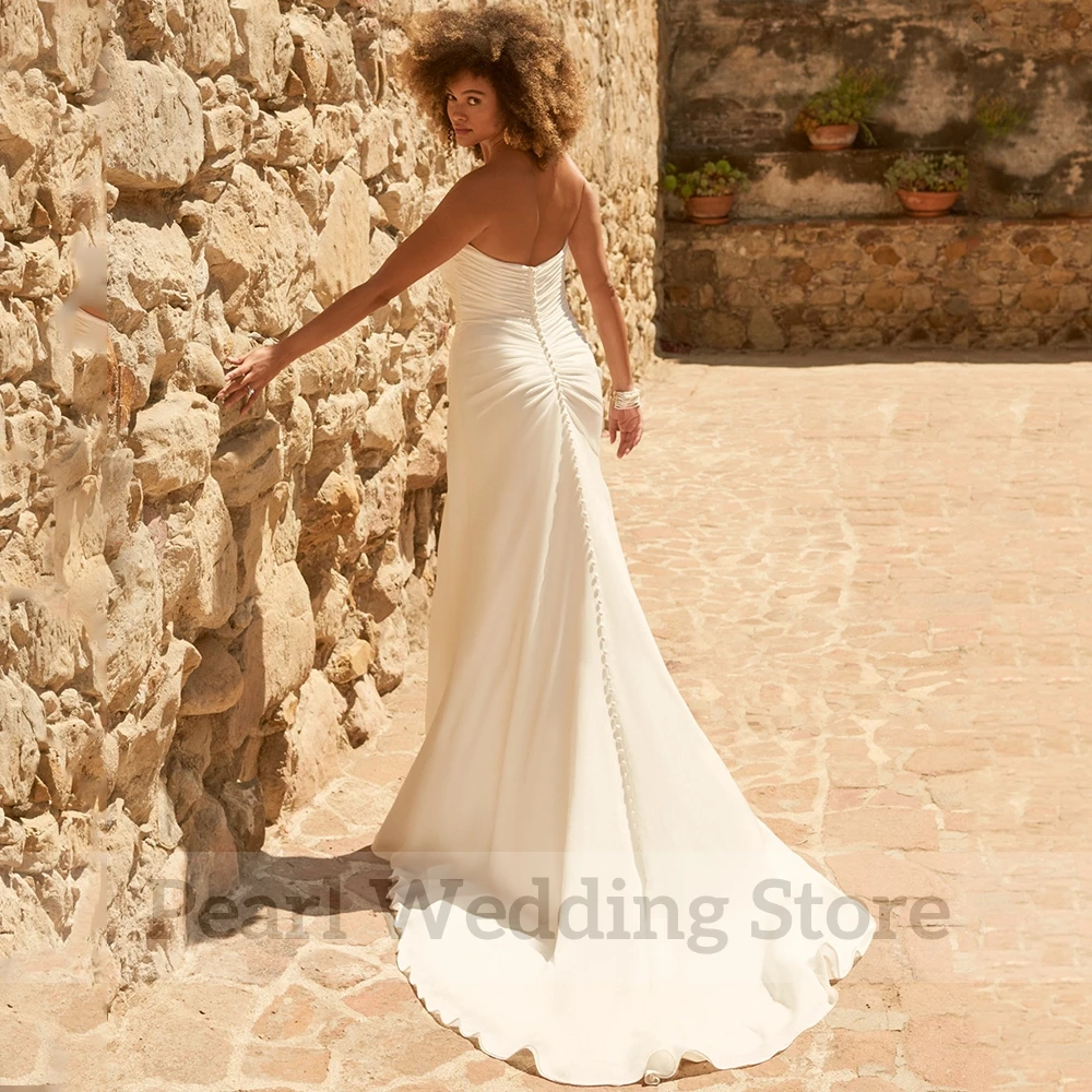 Simple Sweetheart Strapless Wedding Dress Classic Pleat Mermaid Side Slit Bridal Open Back with Buttons Sweep Train Gowns Robe