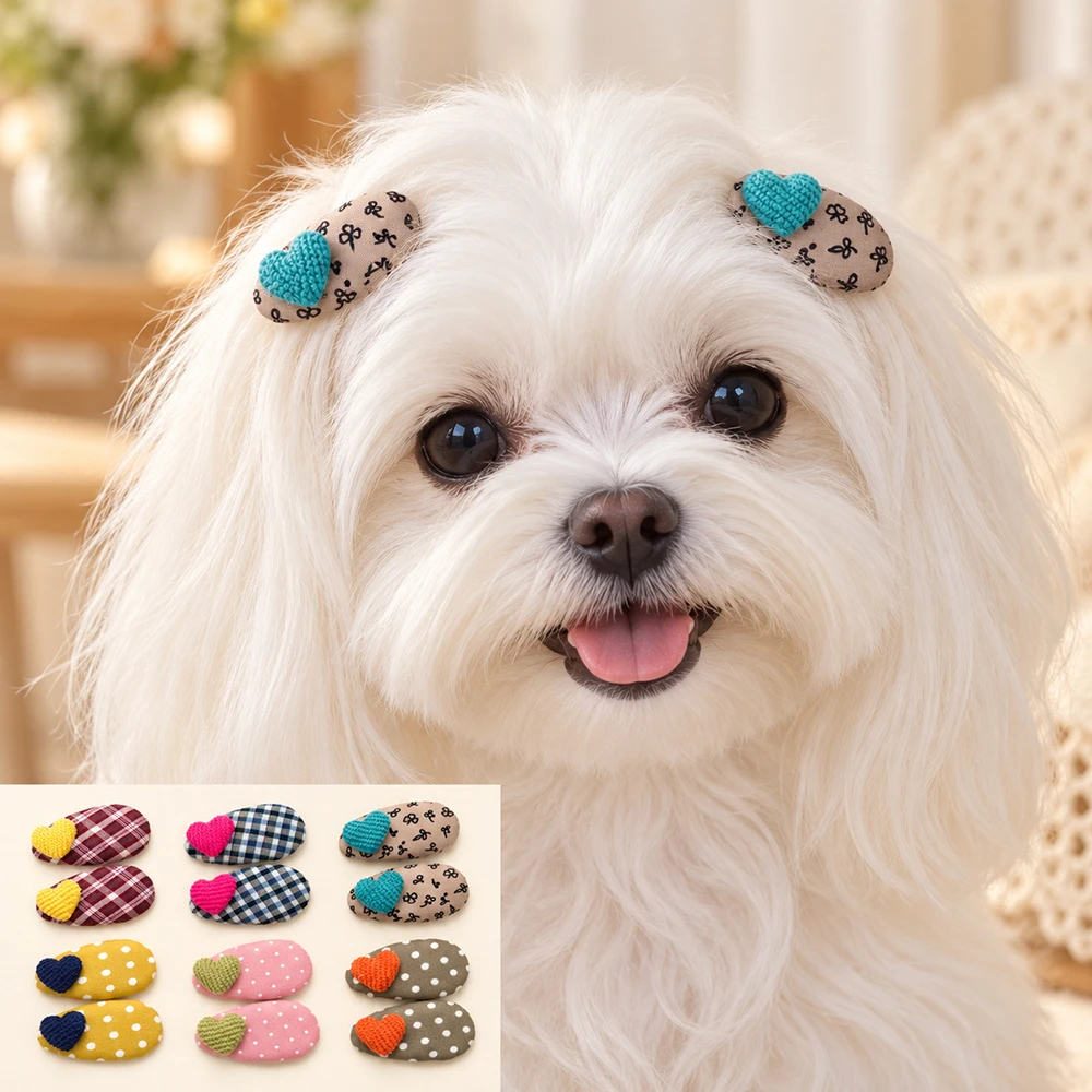 2Pcs Dog Hair Clips Knitted Heart Fabric Barrettes Cute Plaid Polka Dot Floral Pet Hair Accessories for Small Long Haired Dogs