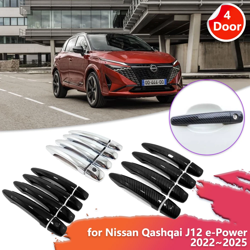 Car Door Handle Cover for Nissan Qashqai J12 e-Power 2022~2025 Carbon Fiber Black Chrome Sticker Trim Scratch Decor Accessories