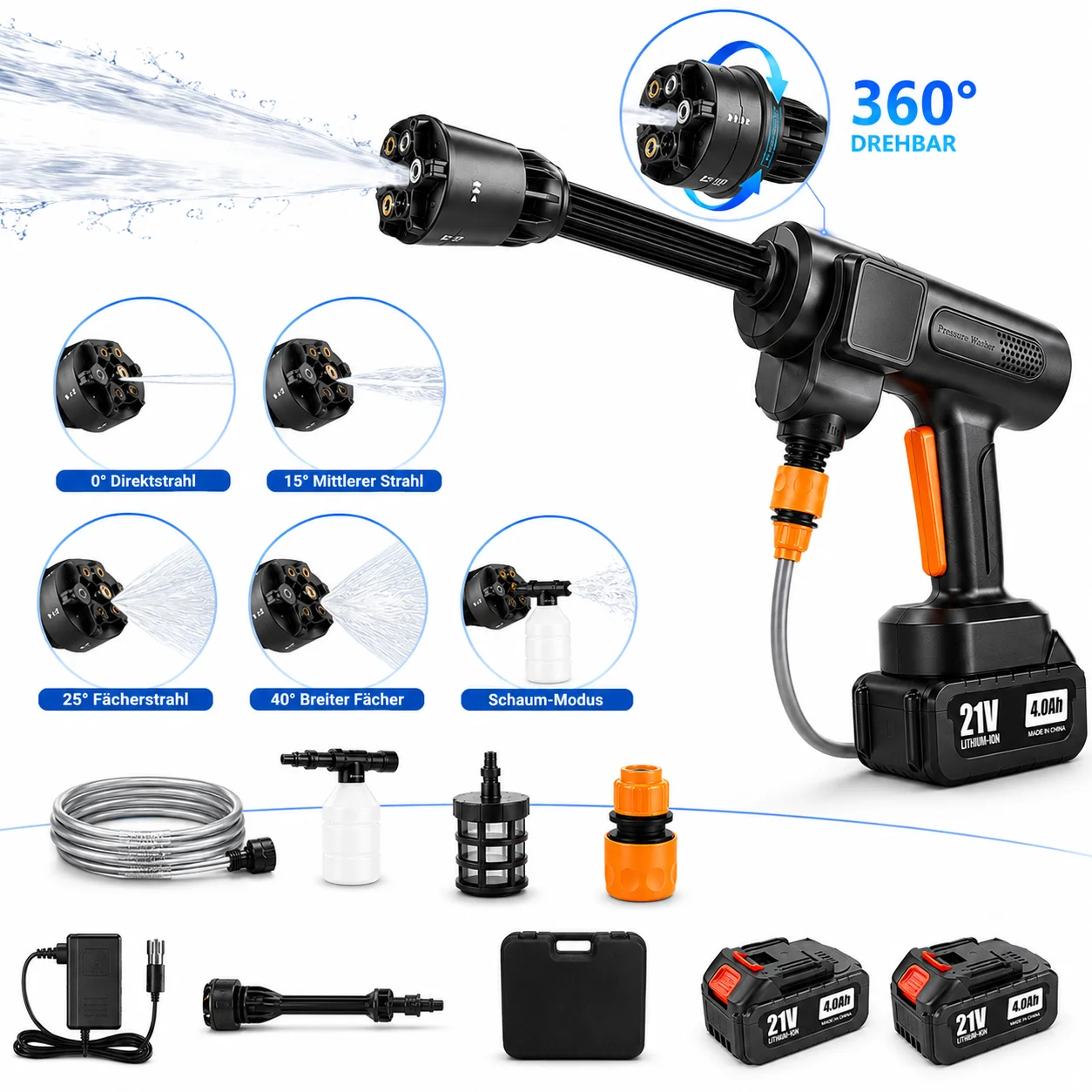 Draadloze hogedrukreiniger, elektrisch autowaspistool & multifunctioneel waterpistool, max. druk: 75 bar, 500 W, max. debiet: 260 l/u, 6-in-1 spuitmond 180° ° Draaibaar, 2 vermogensniveaus,