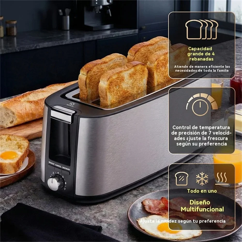 Tostadora Eléctrica WOOX de 4 Rebanadas Anchas, 1000W, Cocedor de Desayunos, 7 Niveles para Pan y Tostadas, Función de Calentamiento, Ranura Extra Larga
