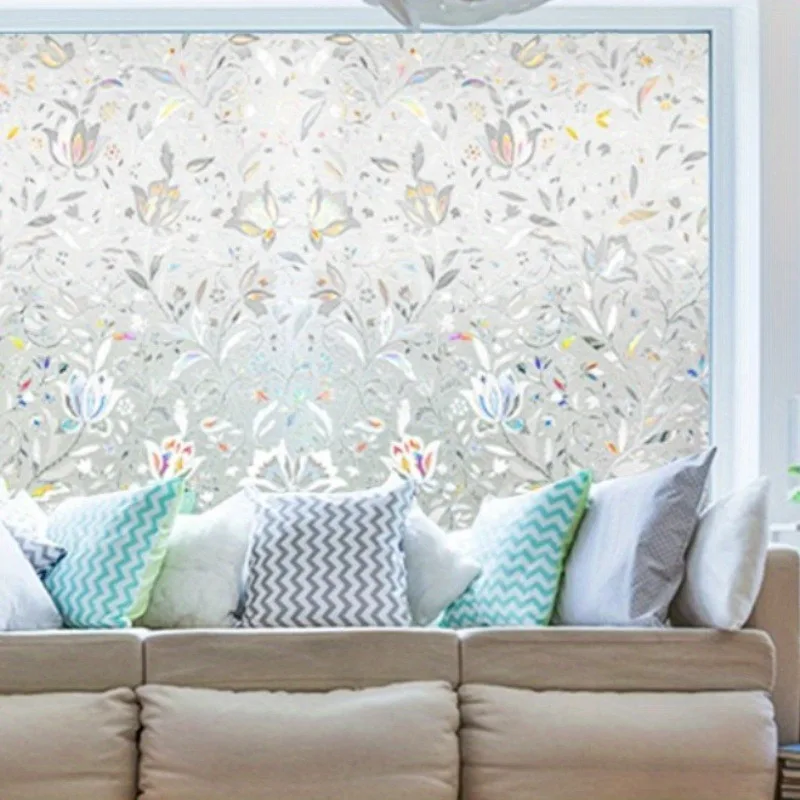 Bathroom Door Window Partition Privacy Film Tulip Pattern Roll Frosted Static Cling Removable Reusable Heat Block