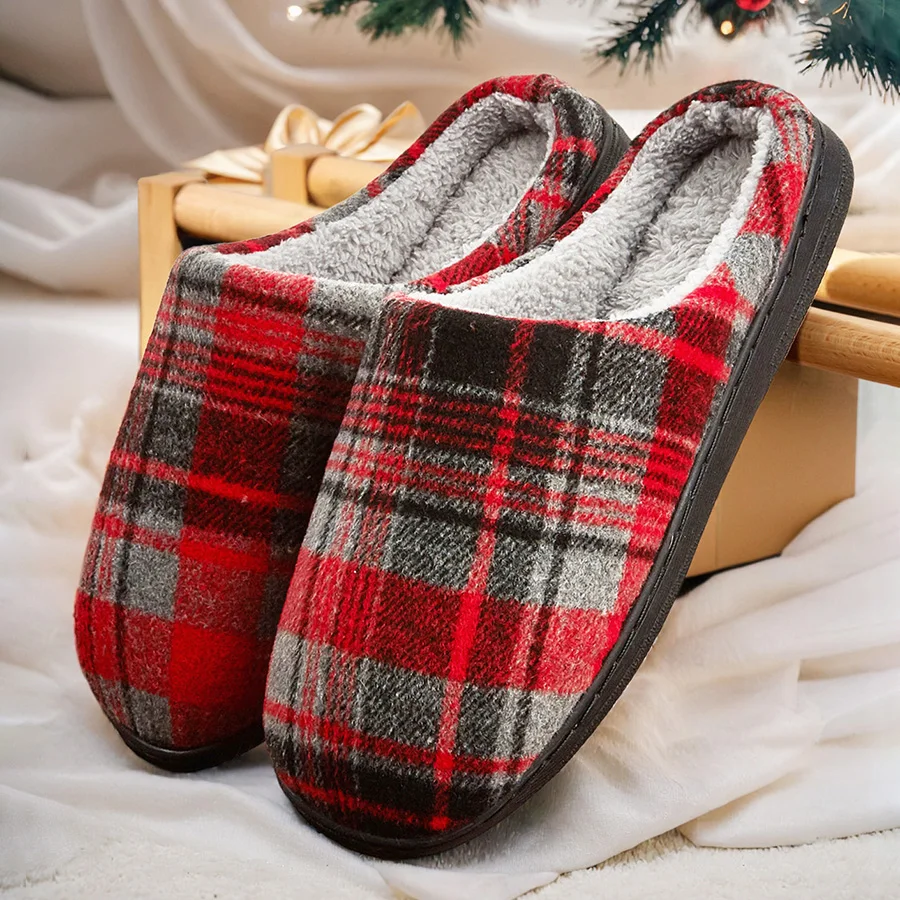 men\'s house slippers plaid furry comfy memory foam casual family shoes winter warm soft bedroom slippers