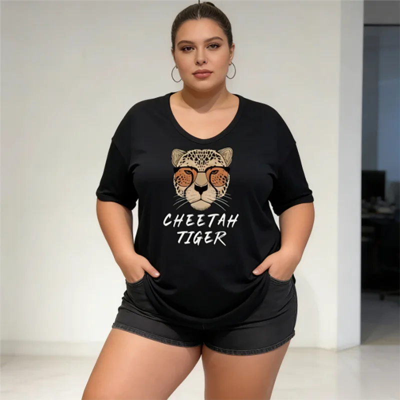 T-shirt da donna con grafica leopardata carina taglie forti 40-150 kg T-shirt casual estiva allentata oversize con stampa tigre ghepardo