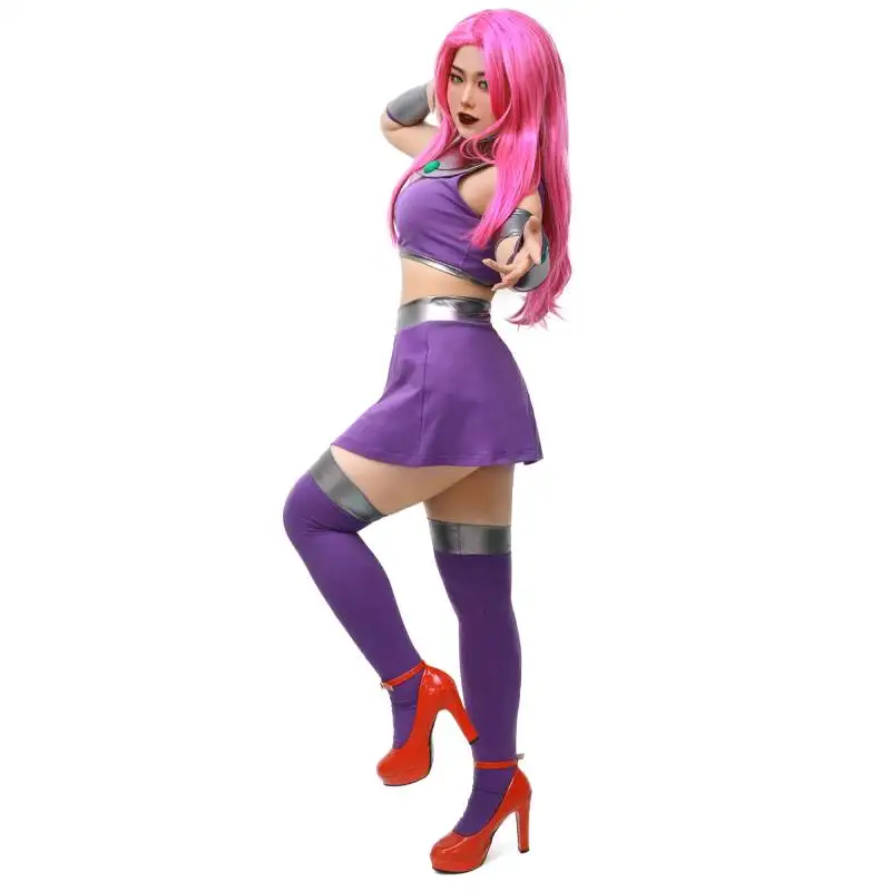 Halloween Costume for Women Starfire Cosplay Sexy Female Valorant Cosplay Purple Outfit with Stockings Spandex Role Play Costume