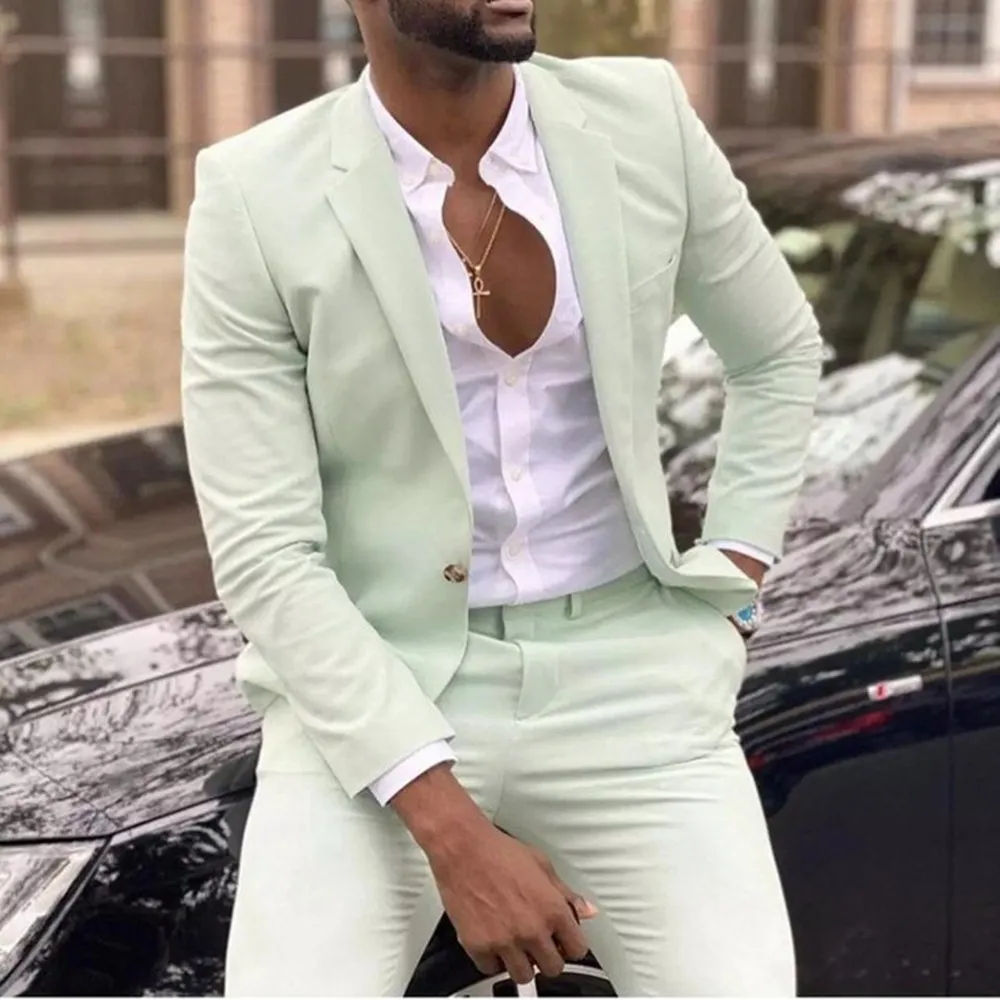 Traje Formal verde menta para hombre, traje ajustado con solapa con muescas, esmoquin de boda de 2 piezas para padrinos de boda, chaqueta con pantalones