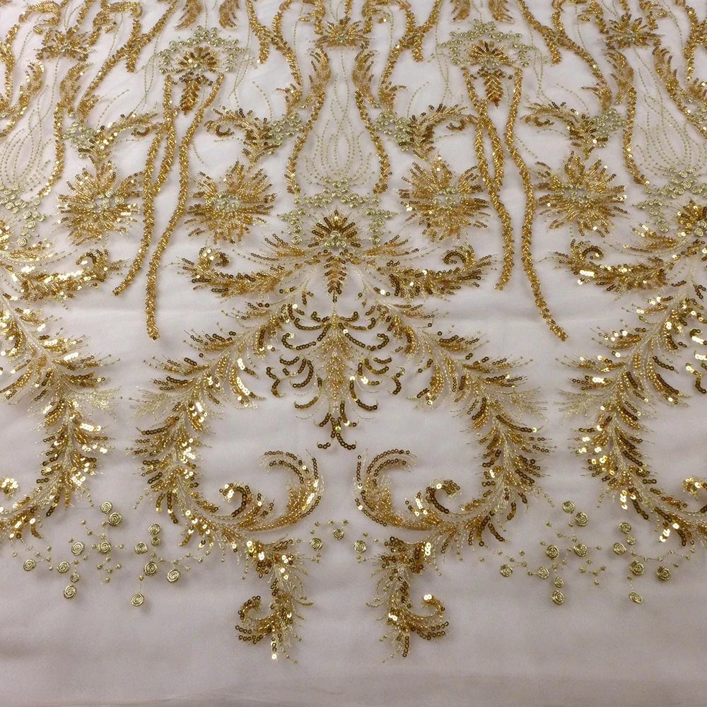 

HelluyerDC White Gold beading lace fabric,large partterns for wedding,evening,dance gown can be cut to many pieces