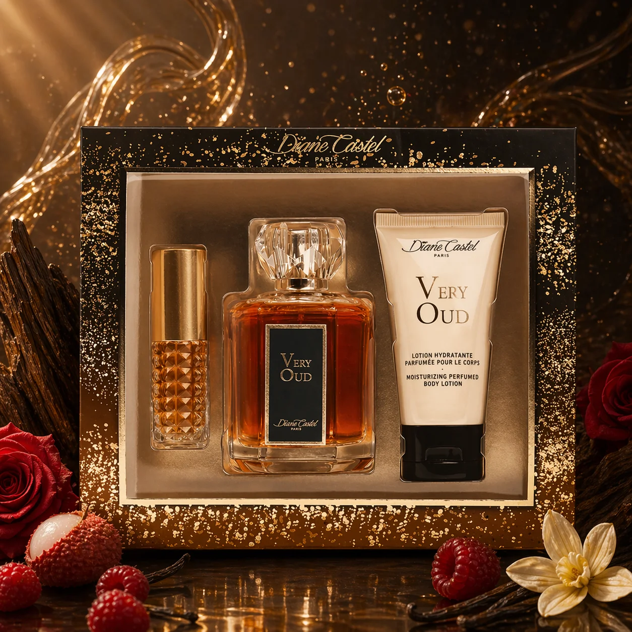 Diane Castel Eleganza – Coffret Cadeau Very Oud | Parfum Femme Boisé Ambré & Lotion Corps | Notes Vanille, Framboise, Rose, Litchi, Cuir | Coffret 3 Pièces