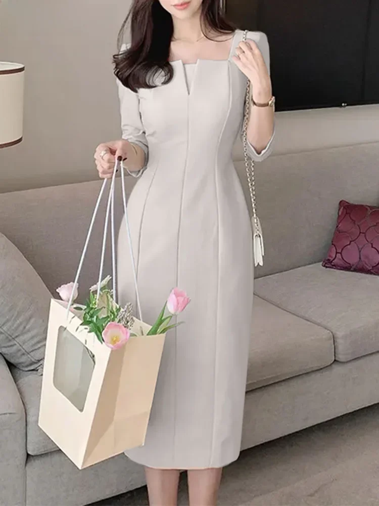 ZANZEA eleganckie damskie szczupła sukienka do kolan moda kwadratowy dekolt 3/4 rękaw ze szwem Party Vestidos Casual dojazdy jednolita, krótka szata — zdjęcie 2