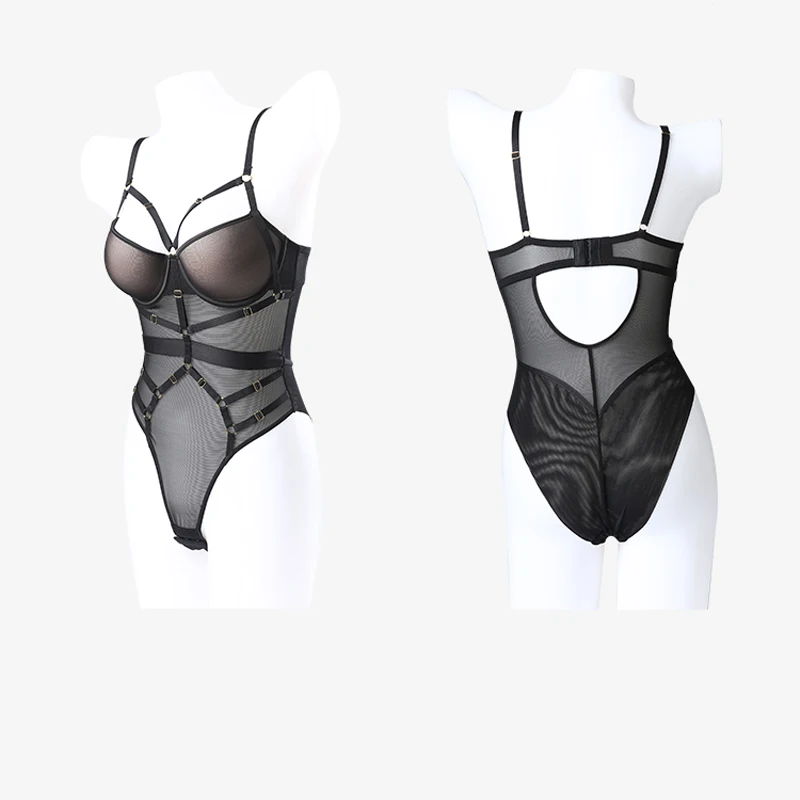 Punk Black Sexy Hollow Bodysuit Women Lace Transparent Onesies Push Up Bra Set Bandage Underwear Body Shaper Jumpsuit Overalls