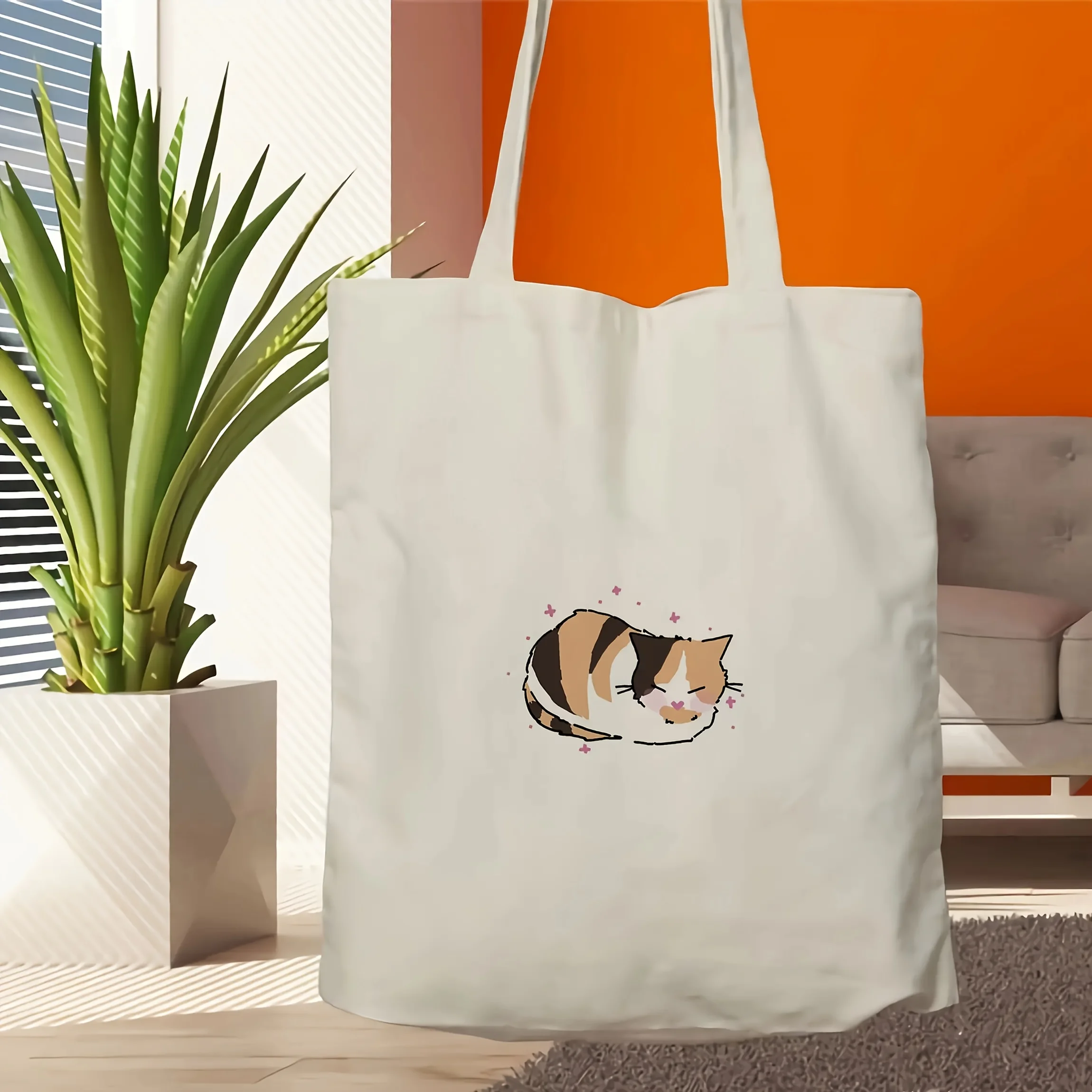 A Three-Colored Cat Tote Bag, Simple Style Sleeping Kitten Print Shoulder Bag, Student Daily Commuting and Shopping Handbag - Three-Colored Cat Pattern