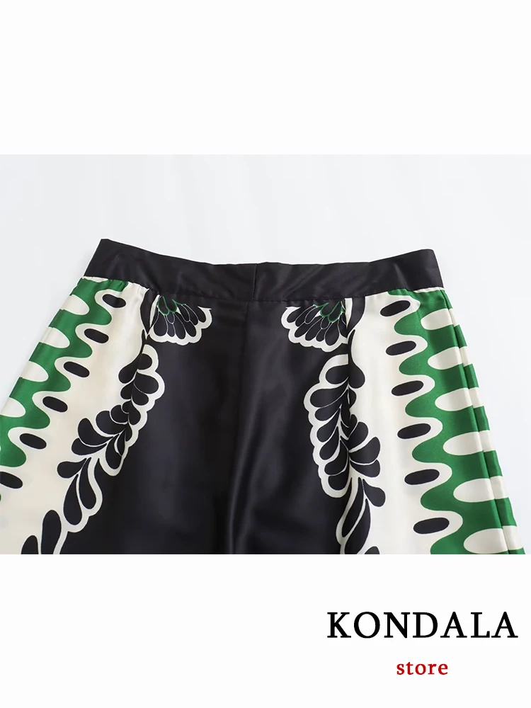 KONDALA Vintage Print Green Fashion 2023 Autumn Suit Single Breasted Pocket Loose Shirt Wide Leg Zipper Pants Women Holiday Set