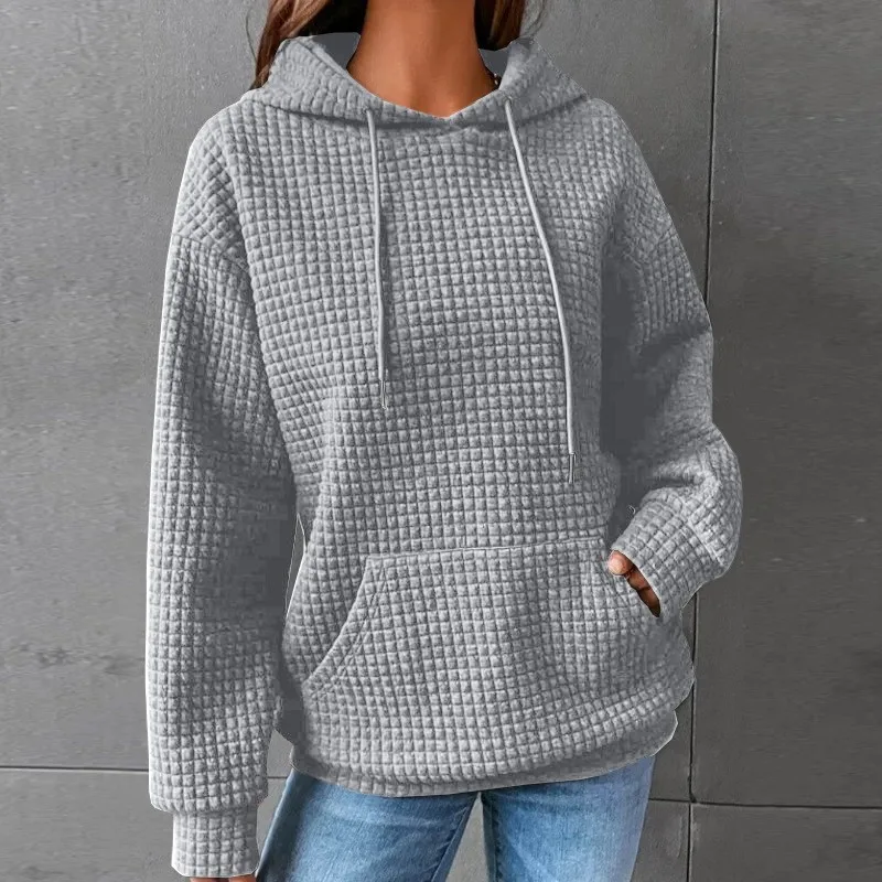 Women's Winter Thick Waffle Knit Solid Color Round Neck Pocket Sweatshirt Hip Length Crinkled Hoodie Women's Hoodies And