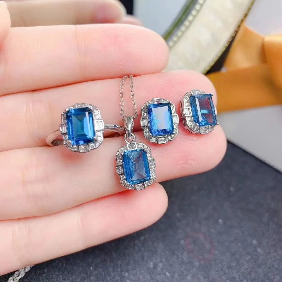 KJJEAXCMY Boutique Jewelry Women's Jewelry Set 925 Pure Silver Natural Blue Topaz Ring Necklace Pendant Earrings Wedding Party