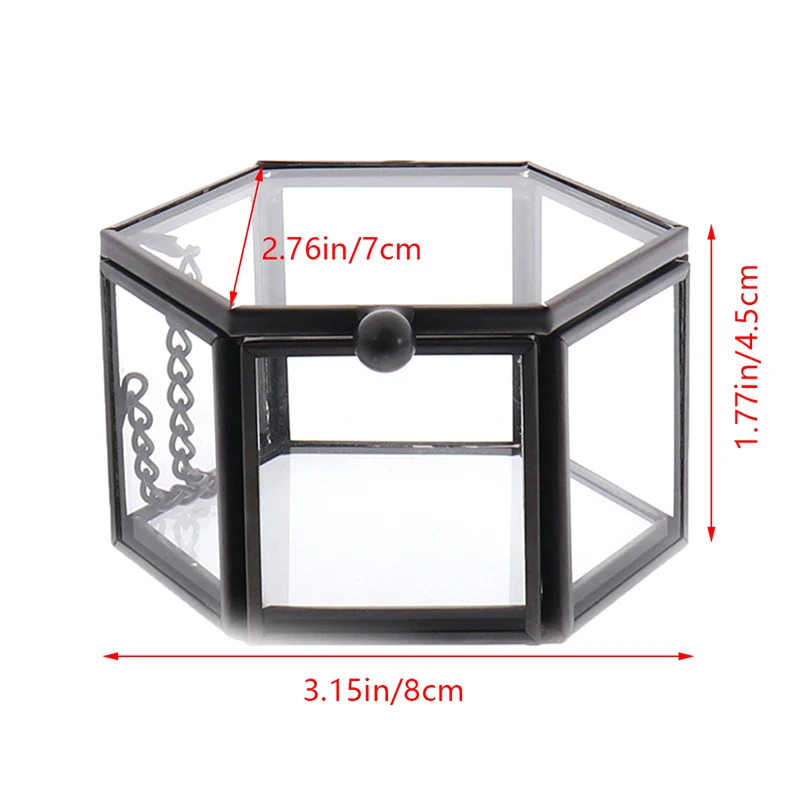 1PC 8*7*4.5cm Tranpartent Geometrical Glass Jewelry Box Hinged Top Lid  with Metal Chain Jewelry Organize Holder Ring Box