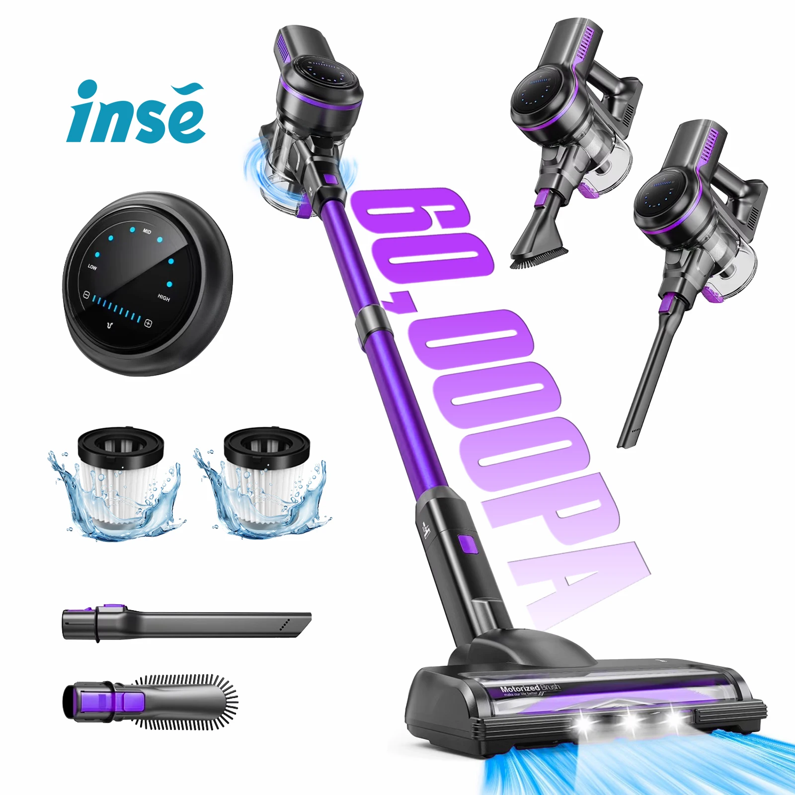 INSE S7P Stofzuiger zonder Kabel | 60KPa Zuigkracht | 1,3L Opvangbak | Tot 50min Draaitijd | Verwisselbare Accu & LED Borstel | Voor Vloeren, Tapijt, Auto & Huisdierenharen
