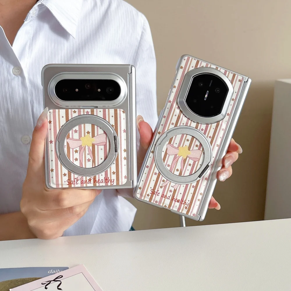 Korea Ins Pink Bow Stripe Pattern Magnetic Phone Case for Samsung Galaxy Z Fold 8 Ultra Z Fold 8, 7, 6 Foldable Shockproof Cover