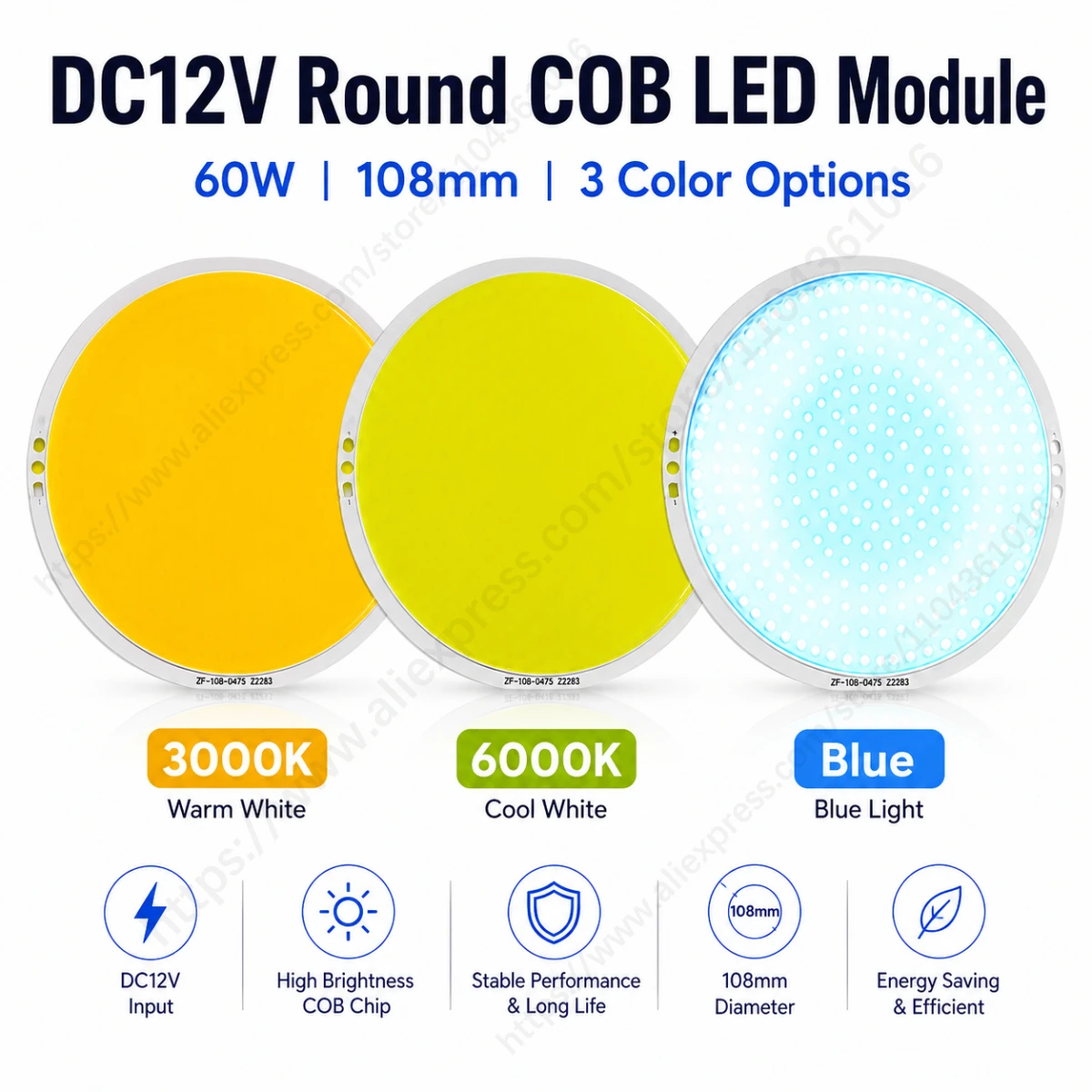 DC12V 60W Round COB LED Module 108mm LED Panel Light Chip Board for DIY Car Lamp Ceiling Light 3000K 6000K Blue