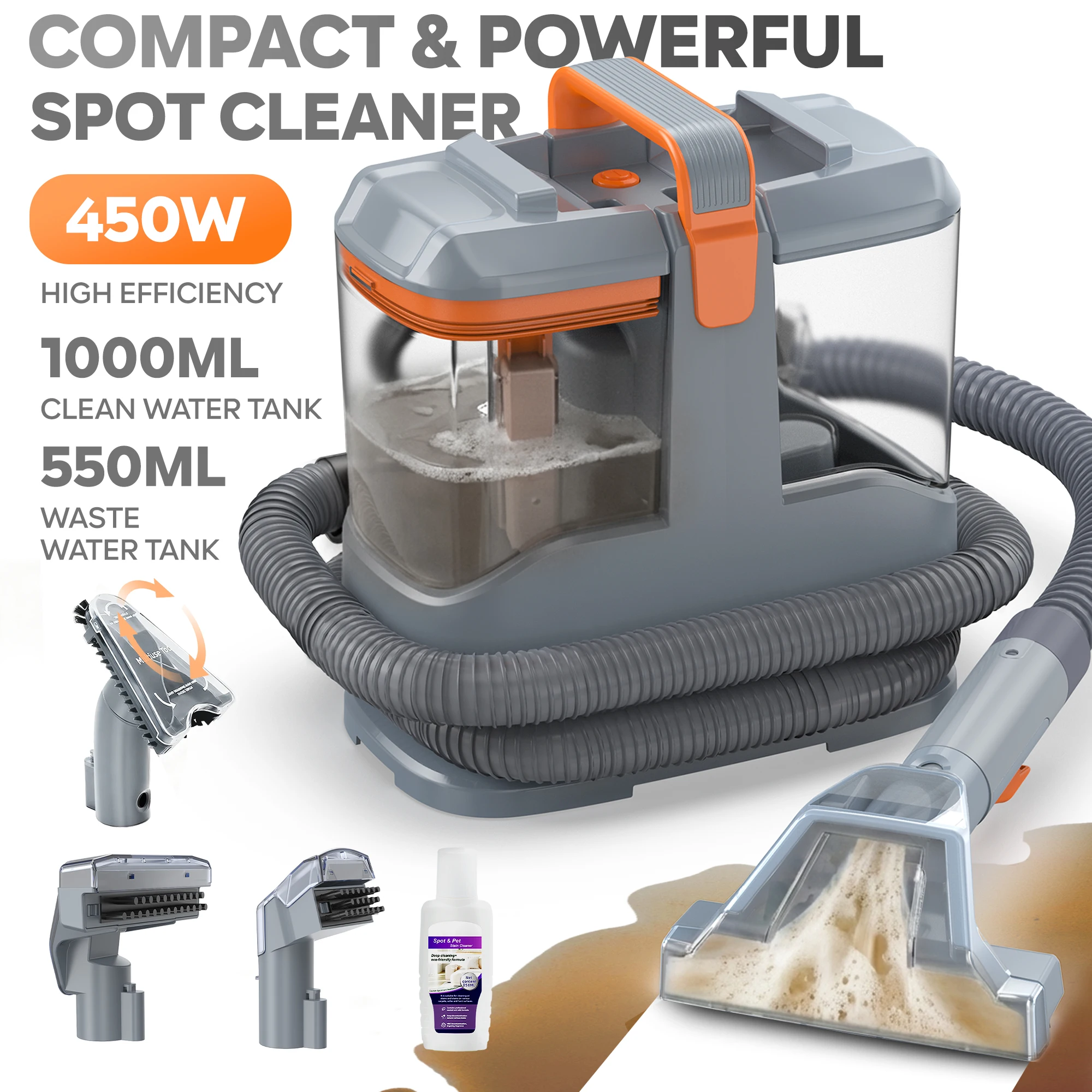 C9S Tapijtreiniger & Bankreiniger 13kPa, 450W Vlekkenreiniger voor Auto Interieur, Sproei-extractie Machine met 3 Borstels en Vloeistof