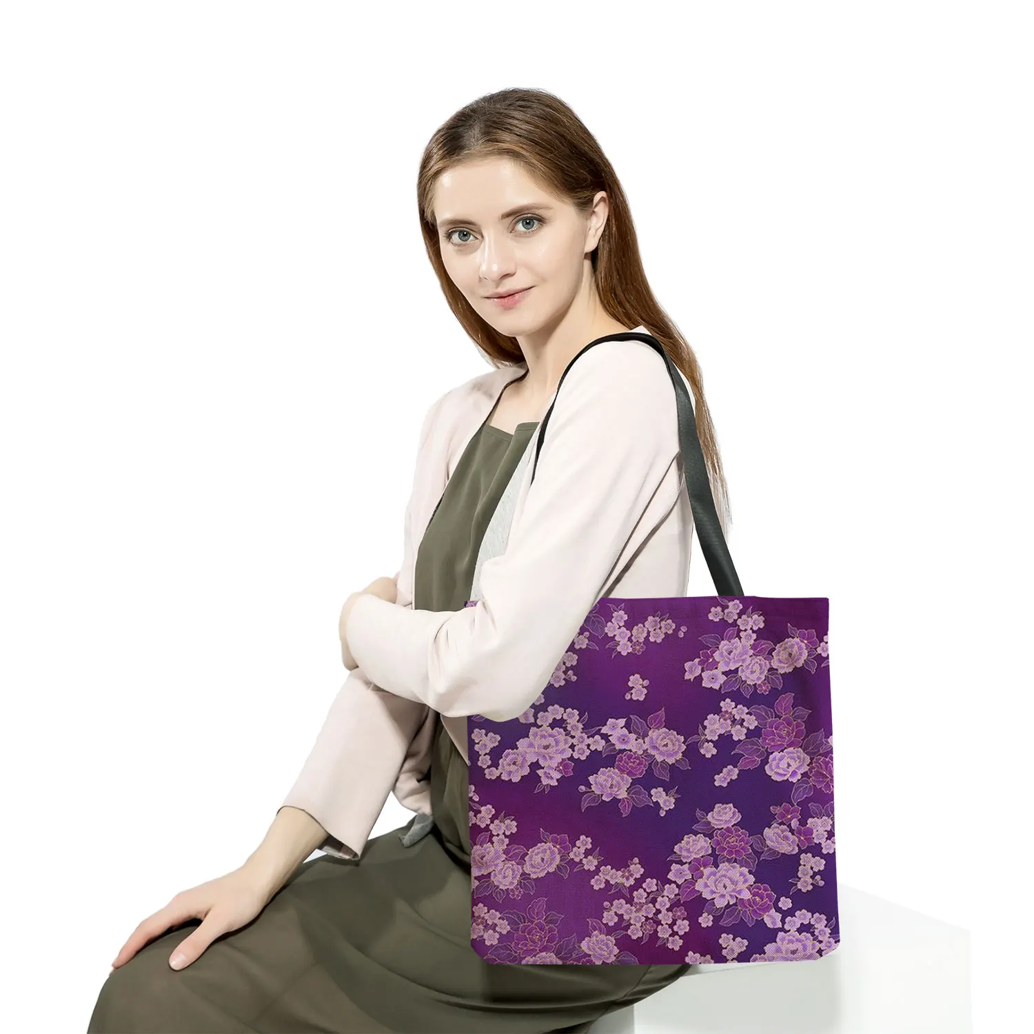 Flor roxa impressão feminina bolsa de ombro senhoras alta capacidade sacola de compras eco reutilizável na moda bolsa dobrável bolsa de viagem