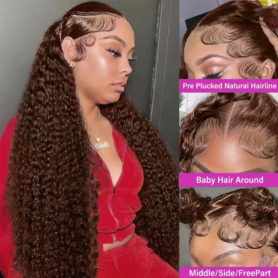 YKB chocolate Brown Curly 13x6 HD Lace Frontal Wigs Human Hair Deep Wave Lace Front Wig 2# Red Colored 30 Inch Brazilian 220% image 3