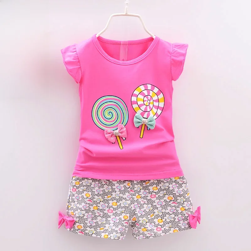 Zestawy ubrań dla dziewczynek dla dzieci T-shirt topy + krótkie spodnie zestawy ubrań maluch dziewczyna Lollipop drukowane letnie zestawy ubrań dla niemowląt — zdjęcie 2