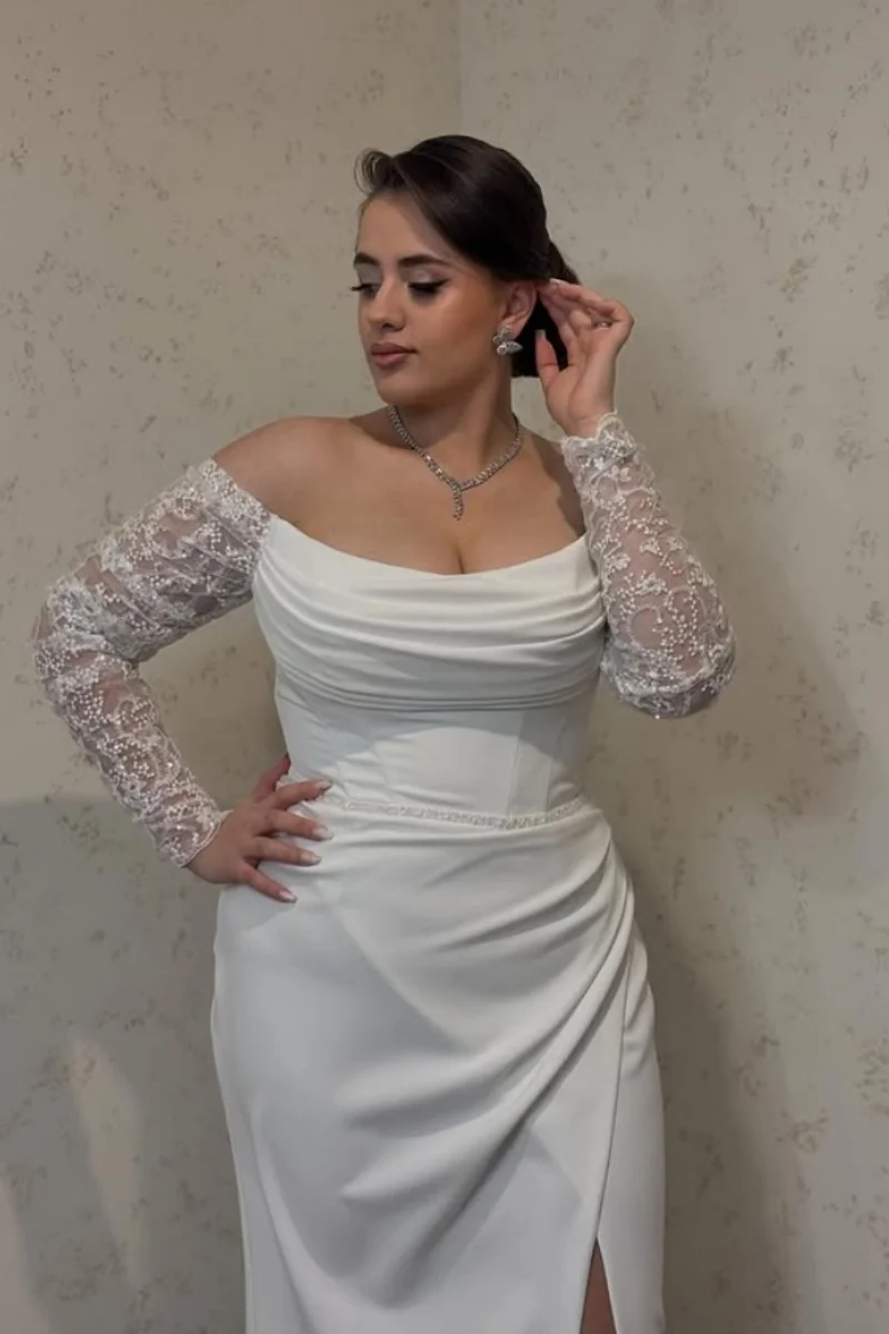 Jessica Lace Embroidered Long Sleeves Evening Dresses White Prom Dresses Mermaid Side Slit Vestidos De Fiesta Customized