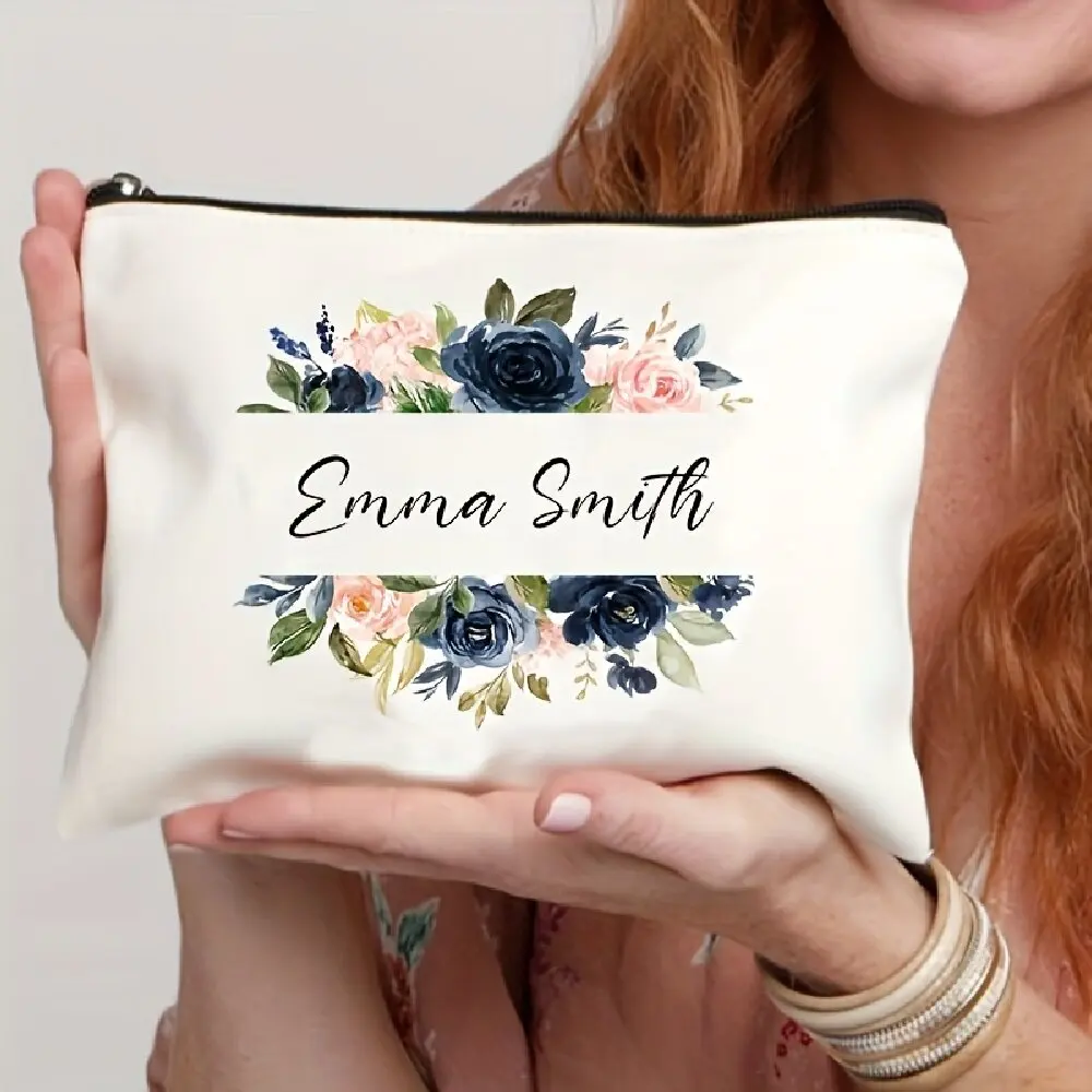 Floral Custom Name Zipper Makeup Bag Light Unisex Travel Cosmetic Organizer Elegant Bachelor Party Gift Pouch
