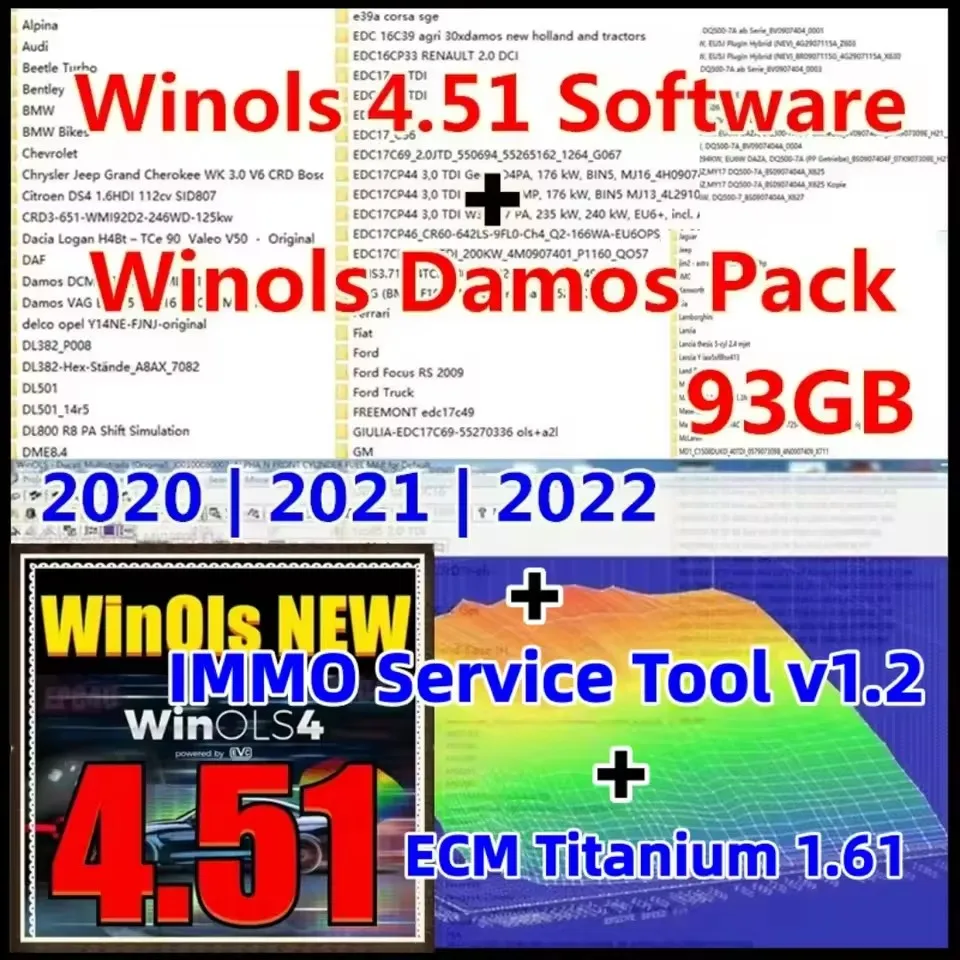 WinOLS 4.51 Full Version + 93GB WINOLS DAMOS +ECM TITANIUM 1.61+Immo Service tool v1.2 Data Winols Auto Repair Software