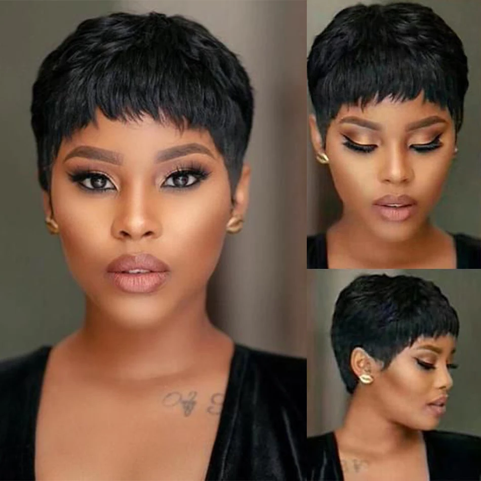 Short Bob Wig Straight Human Hair Wigs With Bangs Non Lace Front Wigs For Women Pixie Cut Wig Natural Color Full Machine Made