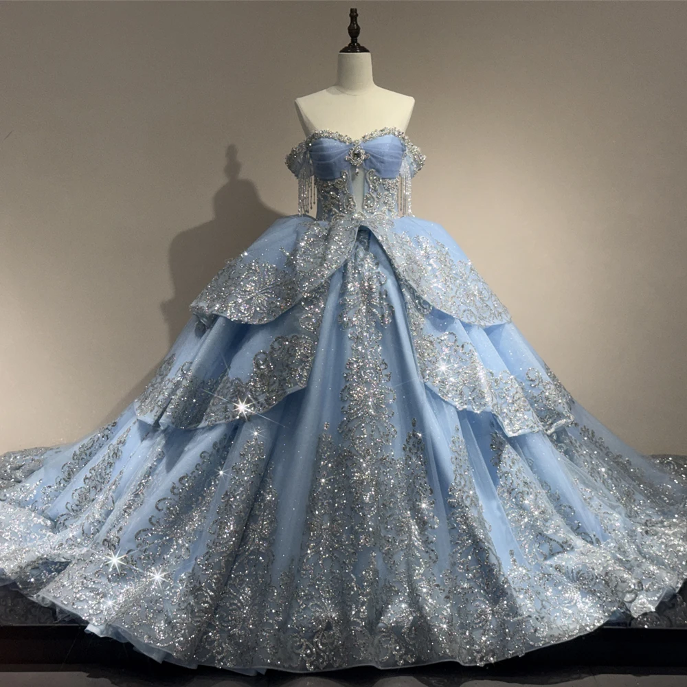 

Princess Vestidos De xv Azul Rey Quinceanera Dress Off The Shoulder Sequins Lace Customizable Vestido De Reina