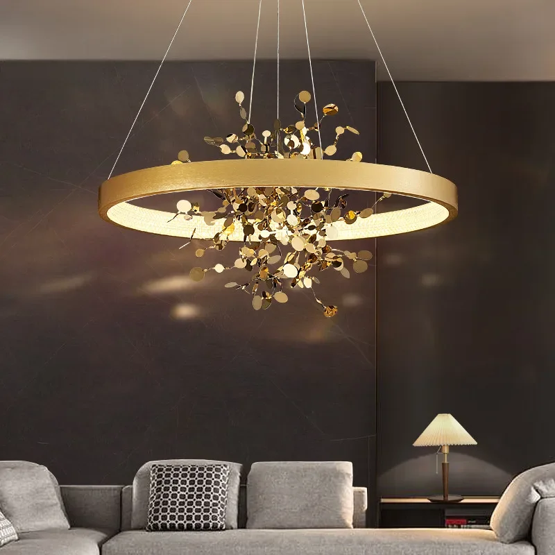 Moderner goldener Decken leuchter für Esszimmer Kupfer runde Ring Pendel leuchten für Stoff geschäft