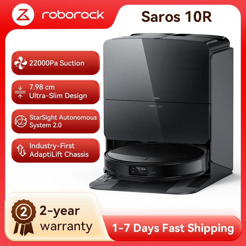 مكنسة كهربائية روبوت Roborock-Saros 10R ، ممسحة وممسحة رفع ، تصميم نحيف للغاية ، نظام رؤية النجوم ، صفر-تويست