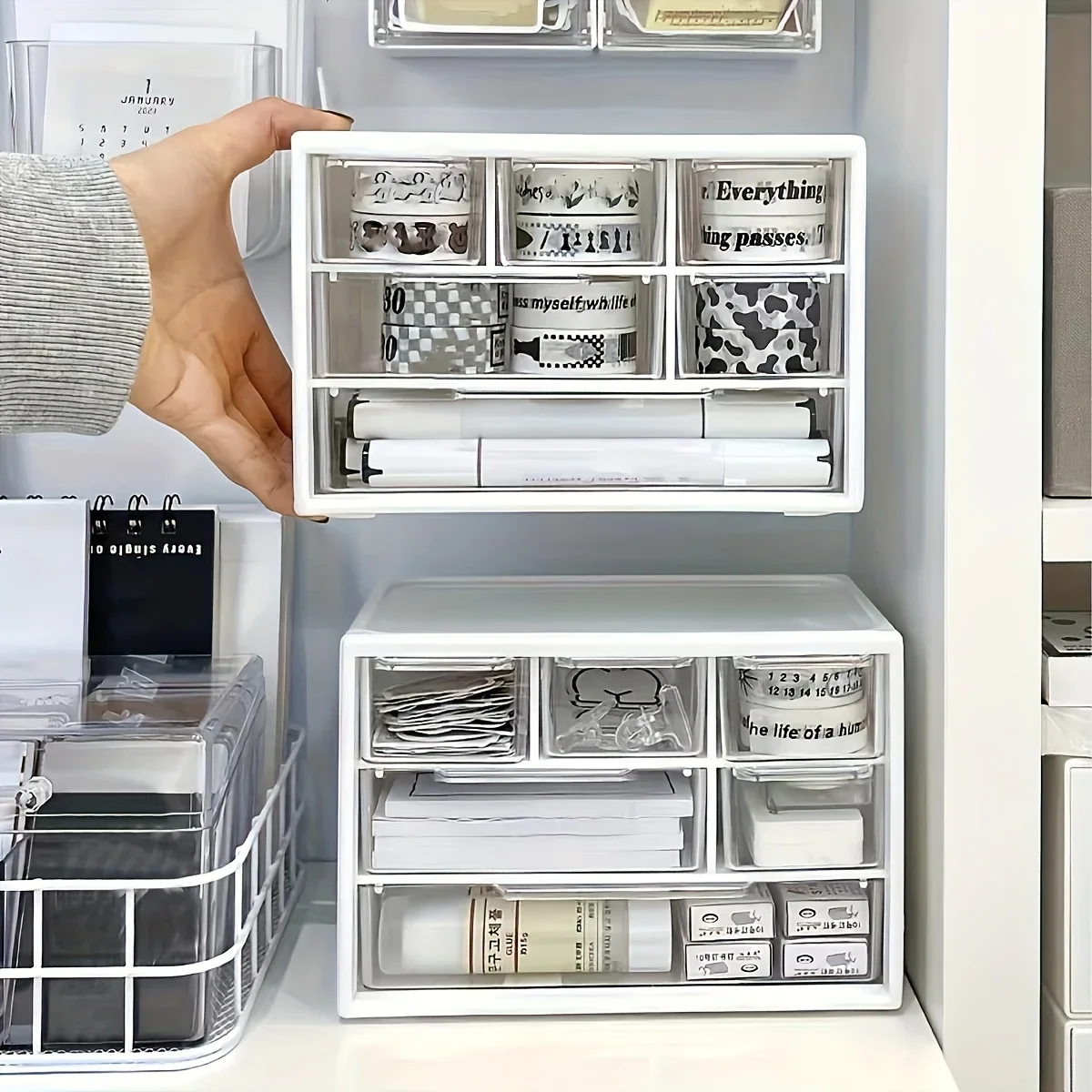 Neuer Multifunktionaler Schreibtisch-Organizer aus Kunststoff mit großer Kapazität und Schublade für Büromaterial, Schreibwaren und Wohnheim-Aufbewahrung