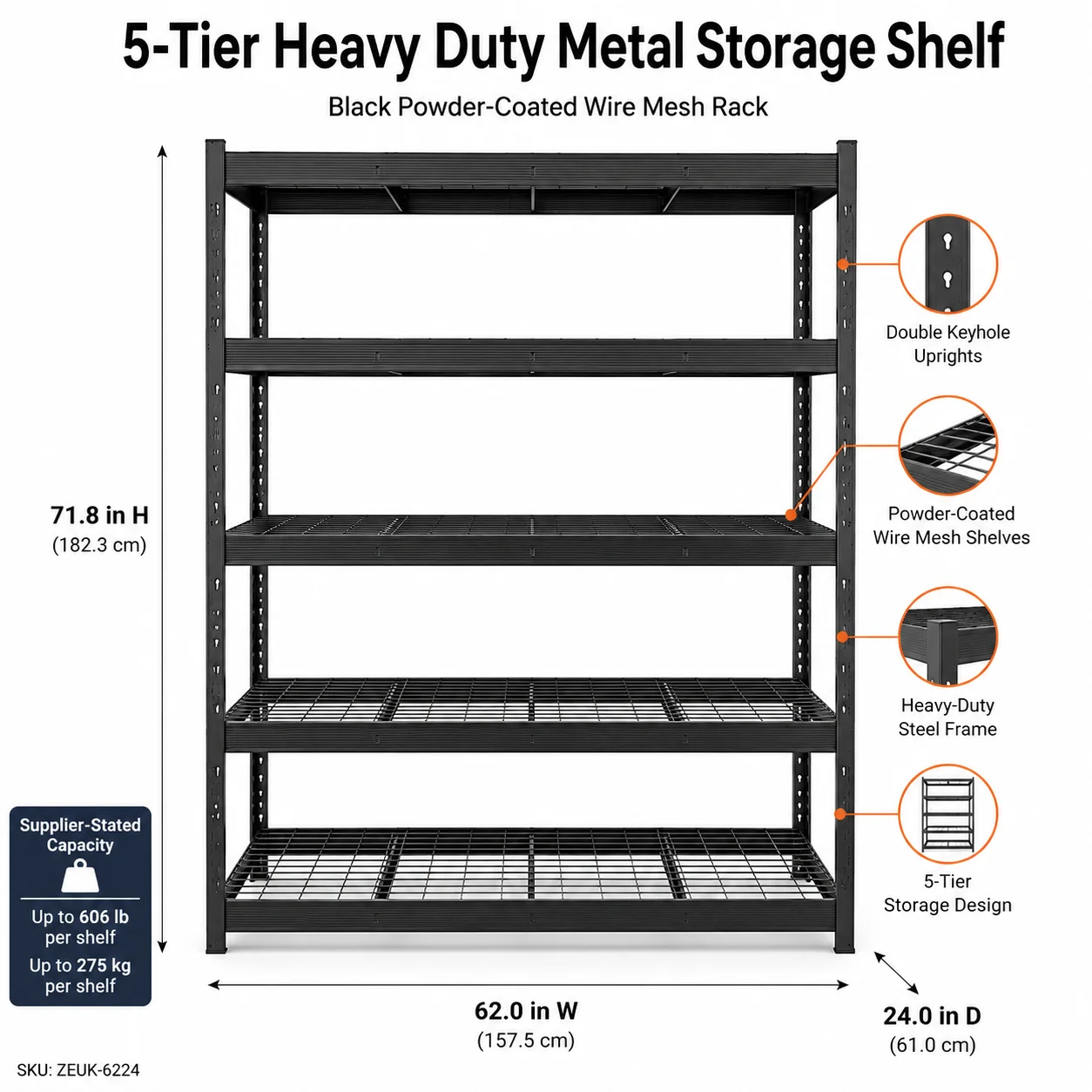 

5-Tier Black Metal Boltless Shelving Unit, 600 lbs/Shelf, Tool-Free Garage Rack, Heavy Duty Adjustable Utility Shelf