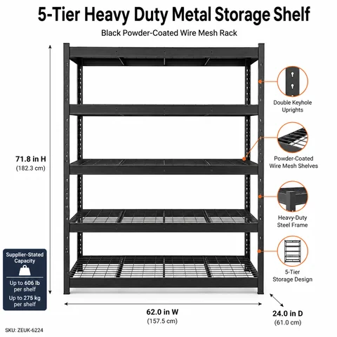 5-Tier Black Metal Boltless Shelving Unit, 600 lbs/Shelf, Tool-Free Garage Rack, Heavy Duty Adjustable Utility Shelf
