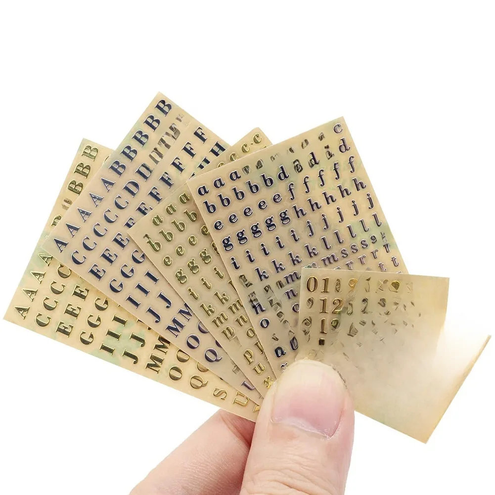 Autocollants de lettres de l'alphabet et des chiffres, autocollants auto-adhésifs, paillettes, alliage, or, argent, petit, 0.12 ", 3mm, 6 feuilles