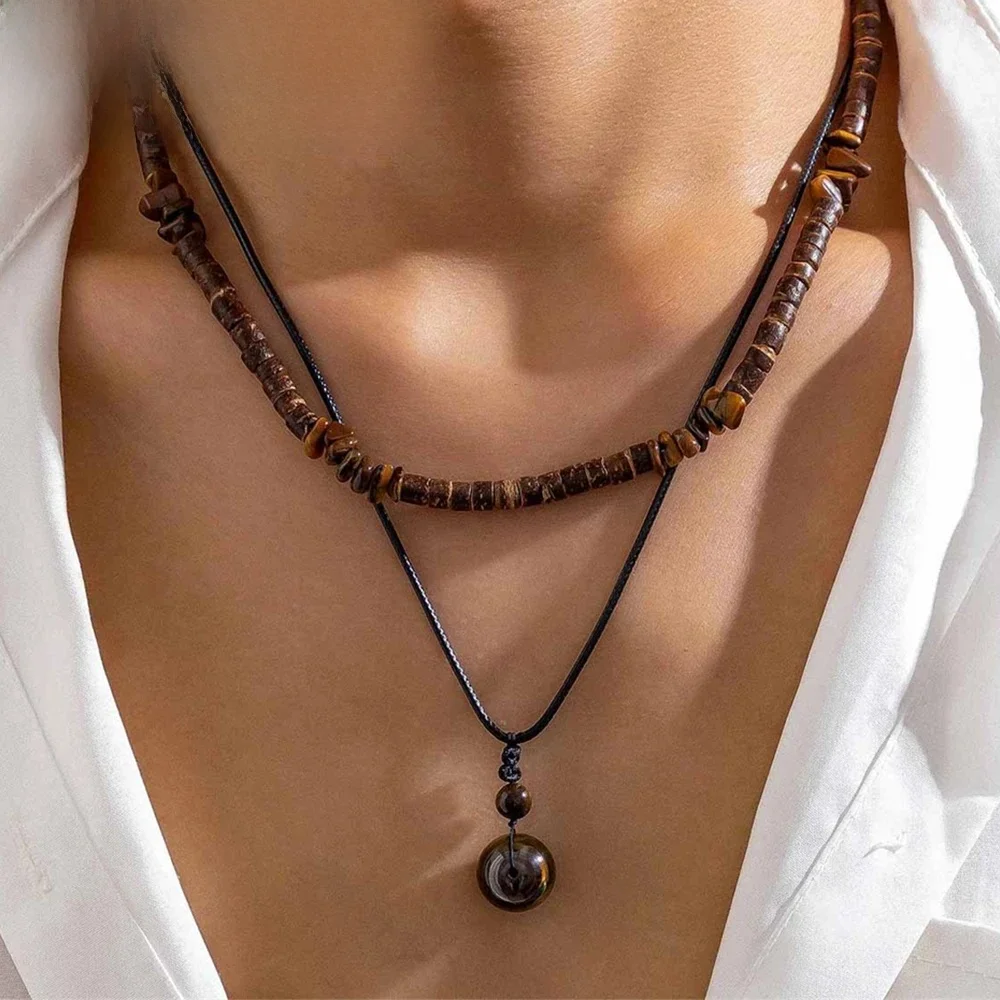 Collier multicouche de perles en bois Vintage pour hommes, pendentif en pierre marron, amulette Punk, chaîne de pull, accessoires, bijoux, cadeau masculin
