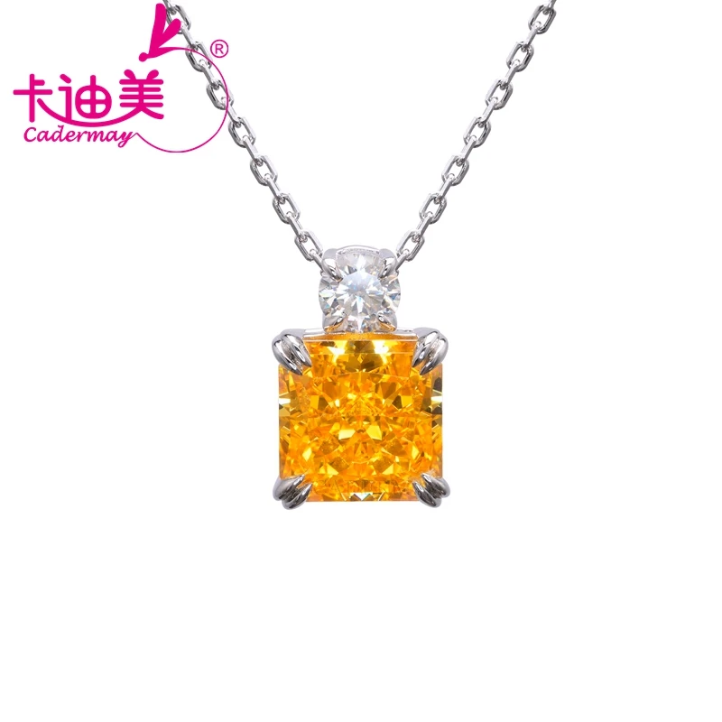 CADERMAY Fine Jewerly Classic Style Yellow Zircon CZ Square Brilliant Pendant Necklace For Women S925 Silver Moissanite Gift