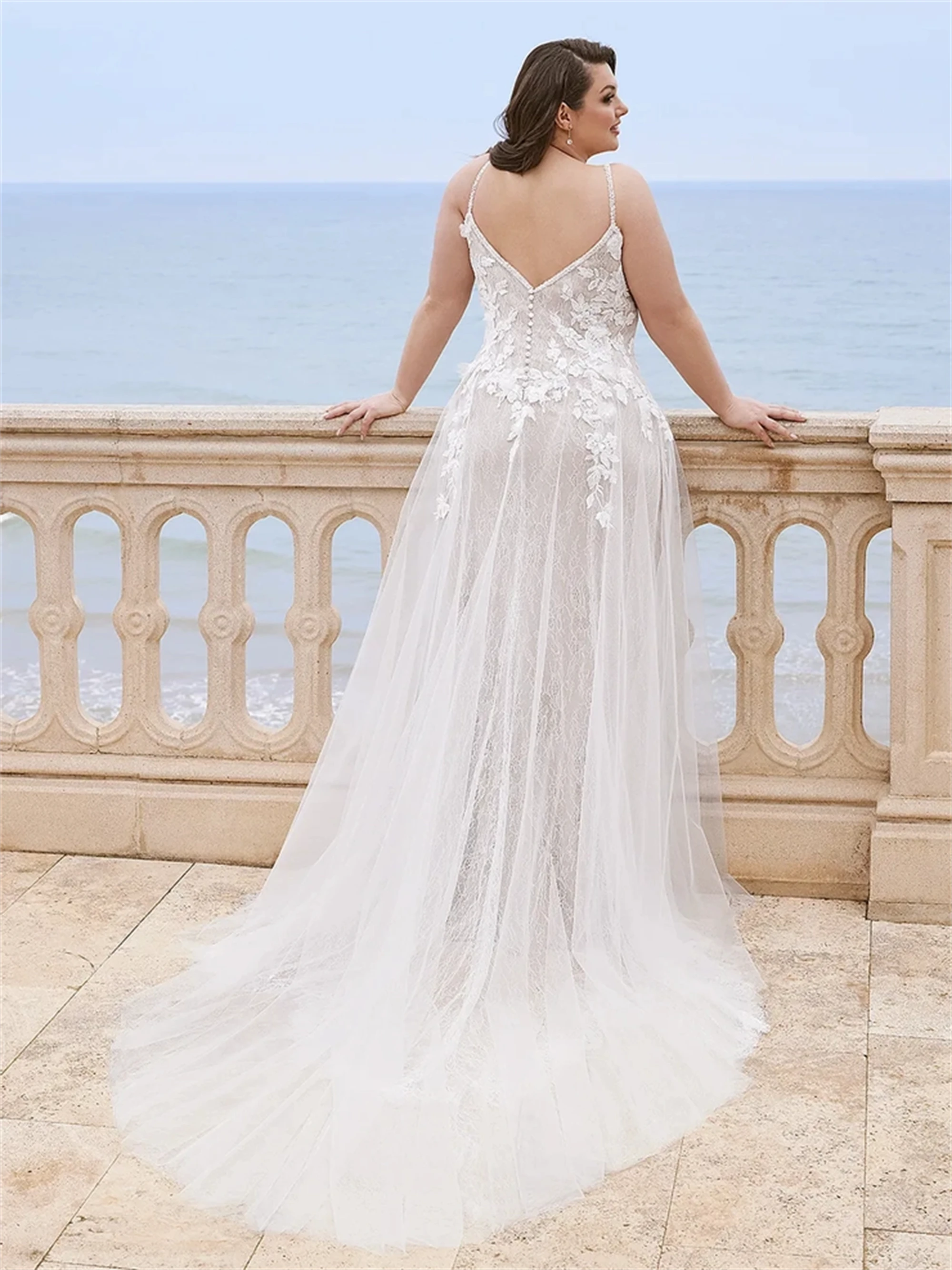 EVON BRIDAL Rückenfreier Tüll Durchsichtiges Split-Design Plus Size Brautkleider Spitzenapplikation Vestidos De Novia Lange Brautkleider