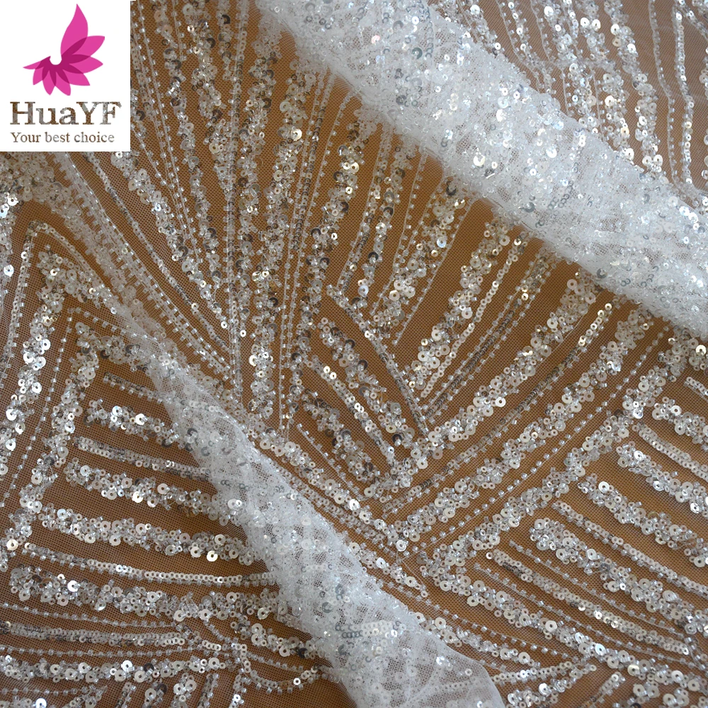 

1 Yard Elegant Bridal Handmade Tulle Lace With White Pearls And Beads Fabric For Wedding Dress HY1680-1