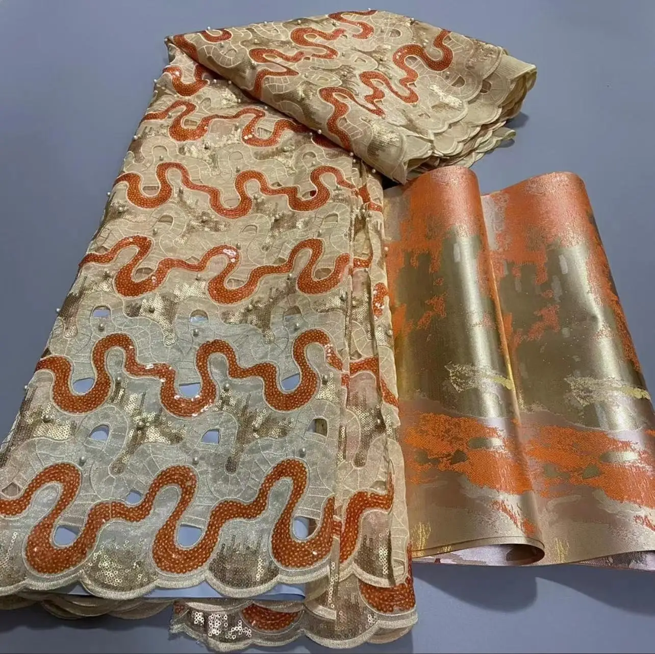 

5Yards Luxury African Double Organza Fabric French Embroidery Sequins Lace Fabric Matching With Swiss 3D Sego Headtie 2PCS