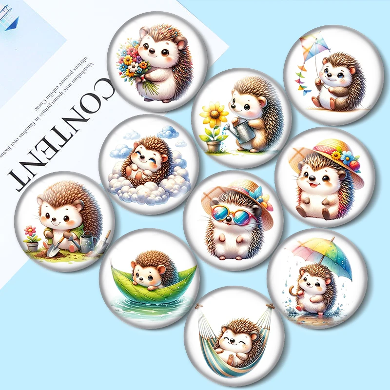 

Watercolor Cute Hedgehog 10pcs 12mm/16mm/18mm Round Photo Glass Cabochon Demo Flat Back Making findings
