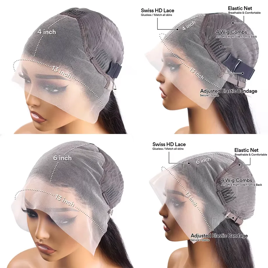 Perruque Lace Front Wig naturelle lisse, 13x4, 36 pouces, pre-plucked, transparente HD, densité 180%, pour femmes