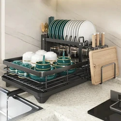 Soporte de almacenamiento de cubiertos de acero inoxidable, estante de secado de platos ajustable, organizador de platos de cocina con escurridor sobre la encimera del fregadero