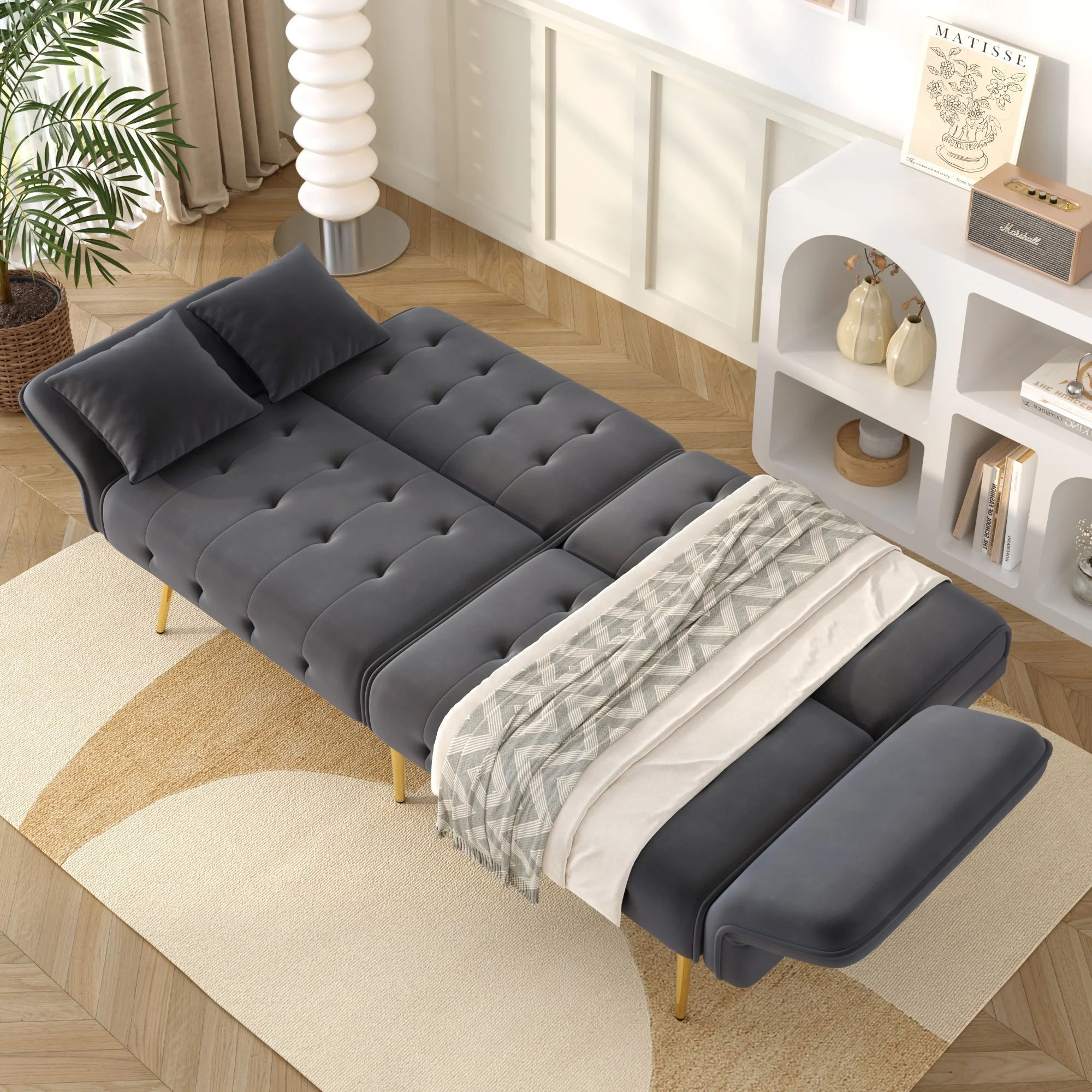 Sofá Cama Convertible de 2 Plazas con Respaldo Ajustable y Reposabrazos Múltiples, con Detalles en Terciopelo Gris Antiguo, 215 × 81.5 cm
