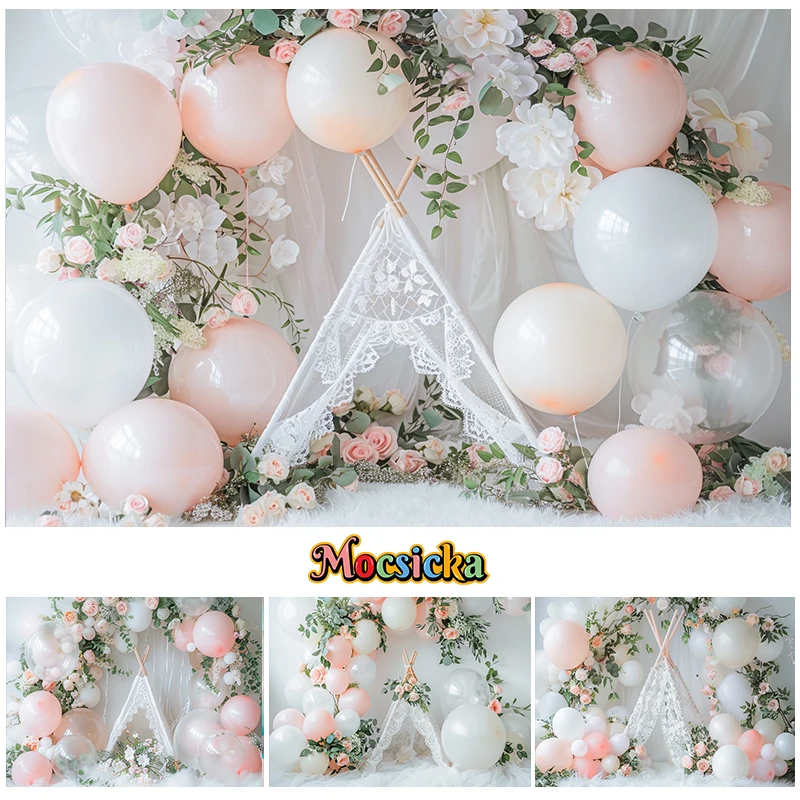 

Mocsicka Photography Background Kids Birthday Party Cake Smash Floral Balloon White Tent Decor Backdrop Photo Studio