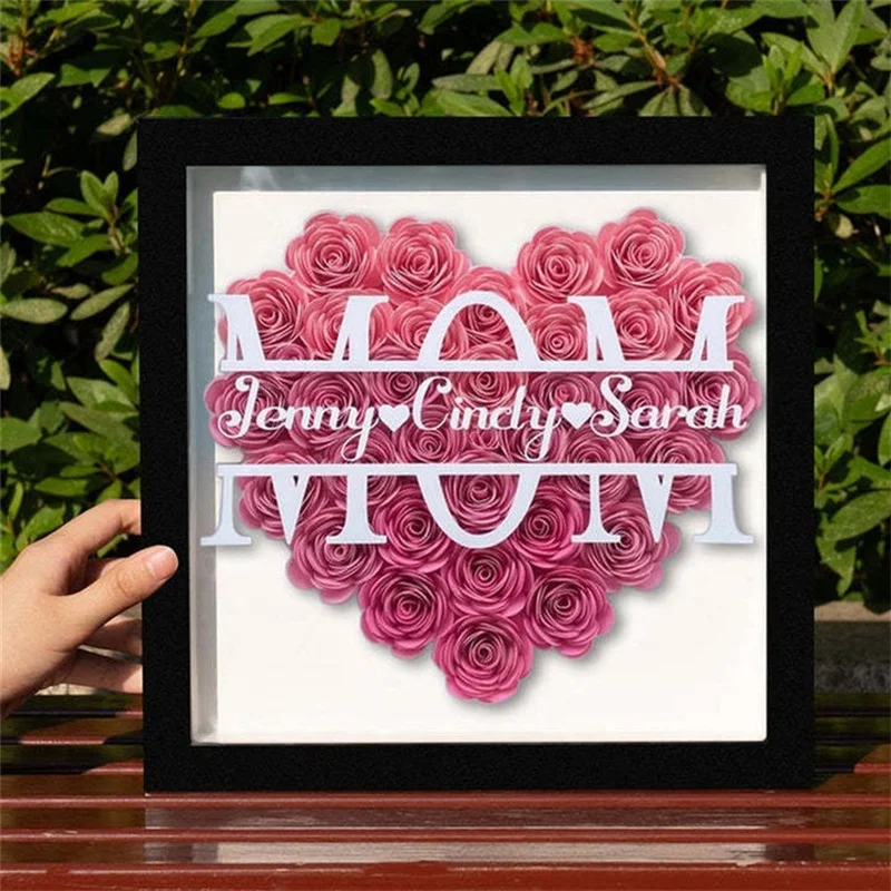 

Custom Heart Shadowbox Frame Gift, Mother's Day Gift, Flower Shadow Box With Kids Name For Mother's Day